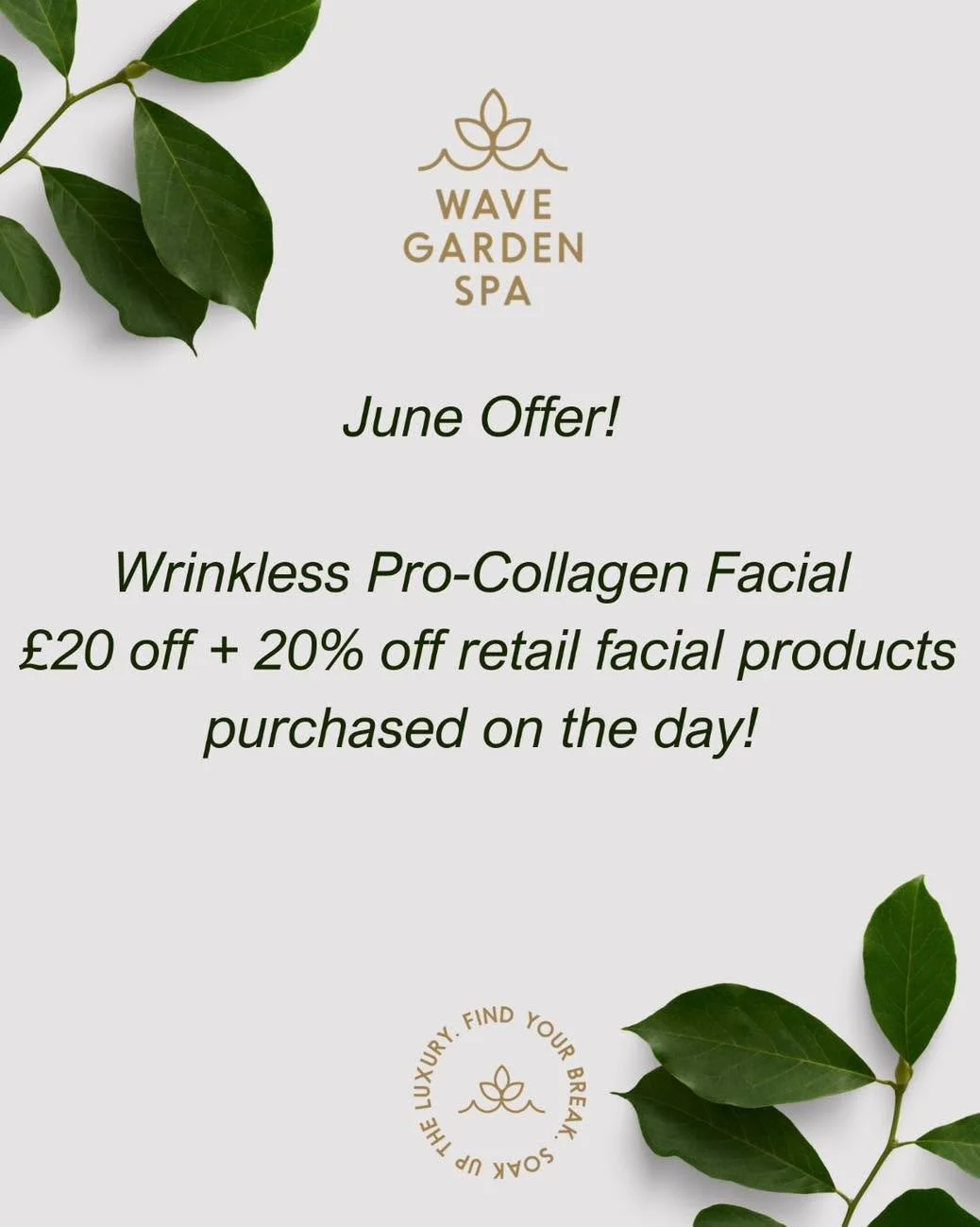 ✨ June Glow-Up Offer at Wave Garden Spa ✨

Indulge in pure relaxation this June with our luxurious WrinkLess Pro Collagen Facial 💆&zwj;♀️✨

Designed to deeply hydrate, plump, and rejuvenate tired skin, this dreamy treatment leaves your complexion gl