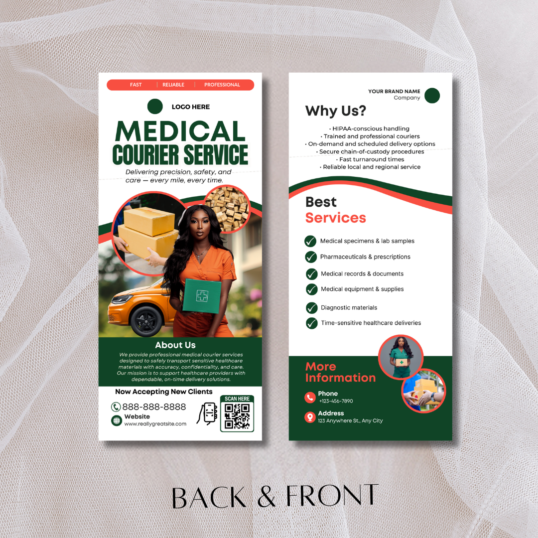 Medical Courier Services Rack Card Template | Healthcare Delivery Flyer | HIPAA Courier Marketing | Medical Transport Advertising | Canva Editable