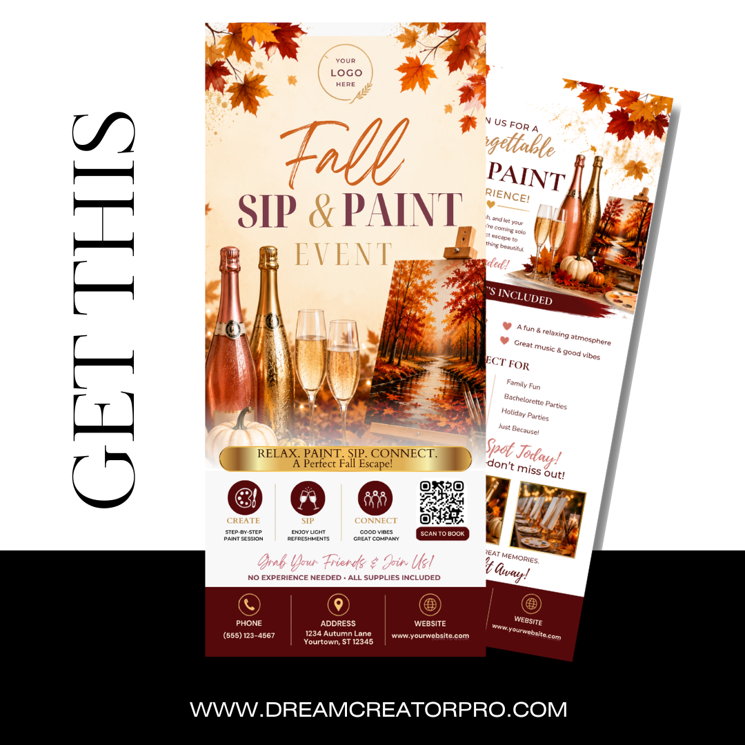 Fall Paint & Sip Rack Card Template | Autumn Paint Party Flyer | Canva Editable Paint Night Marketing | Wine Event Rack Card