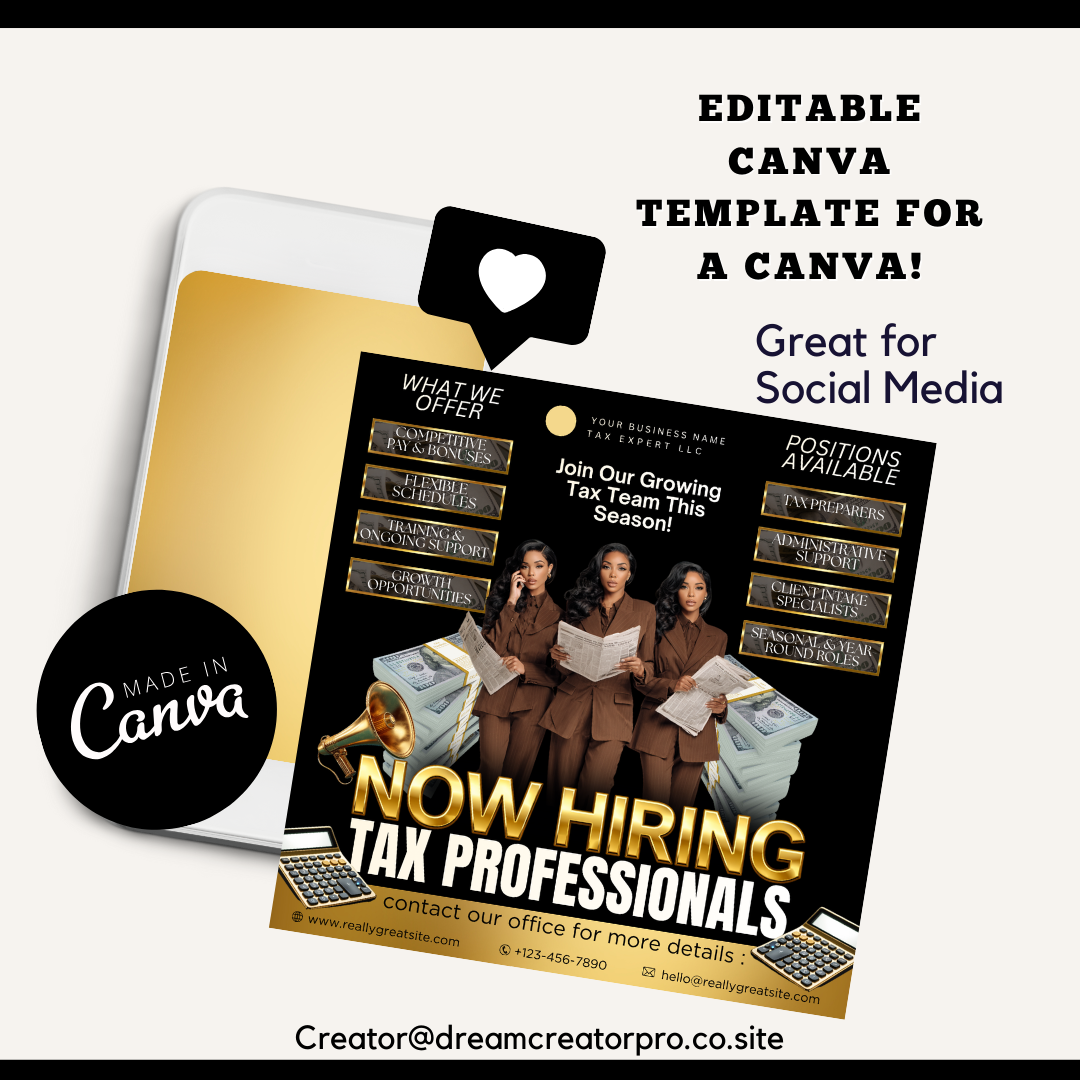 Now Hiring Tax Professionals Flyer Template | Tax Team Recruitment Canva Template | Tax Office Hiring Ad (Copy)