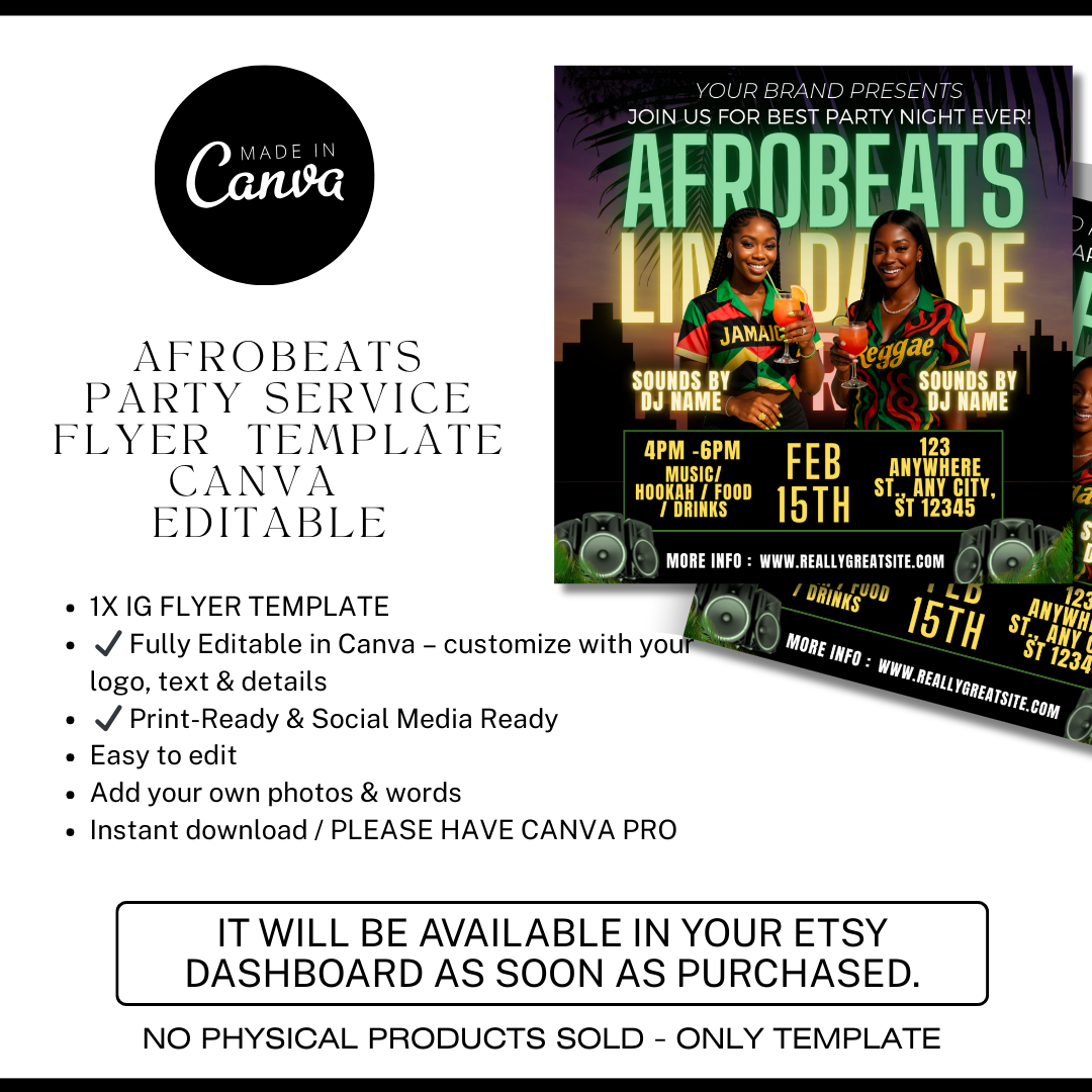 Reggae Club Night Flyer Template for Canva | IG Post | Editable Caribbean Party Flyer | Dancehall, Afrobeat, Island Vibes Event Promo