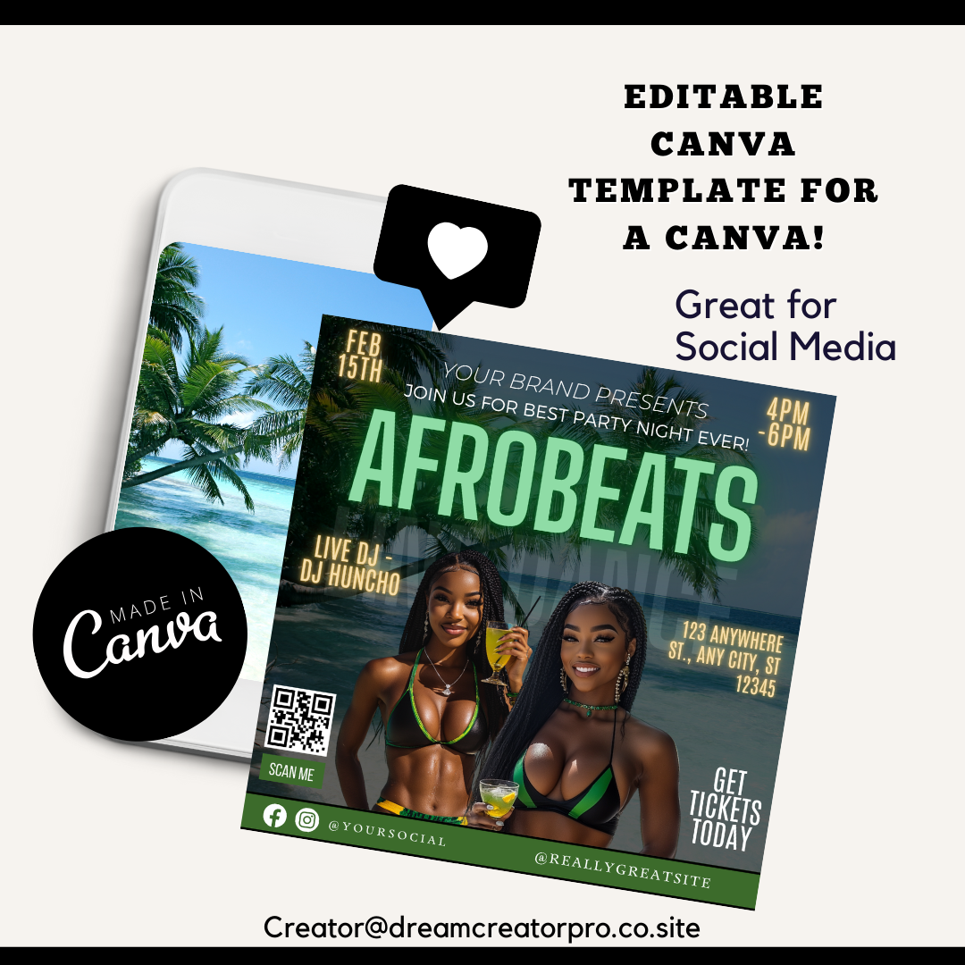 Reggae Club Night Flyer Template for Canva | IG Post | Editable Caribbean Party Flyer | Dancehall, Afrobeat, Island Vibes Event Promo (Copy)