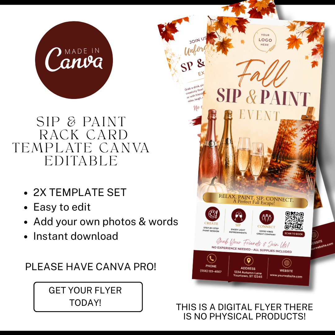 Fall Paint & Sip Rack Card Template | Autumn Paint Party Flyer | Canva Editable Paint Night Marketing | Wine Event Rack Card
