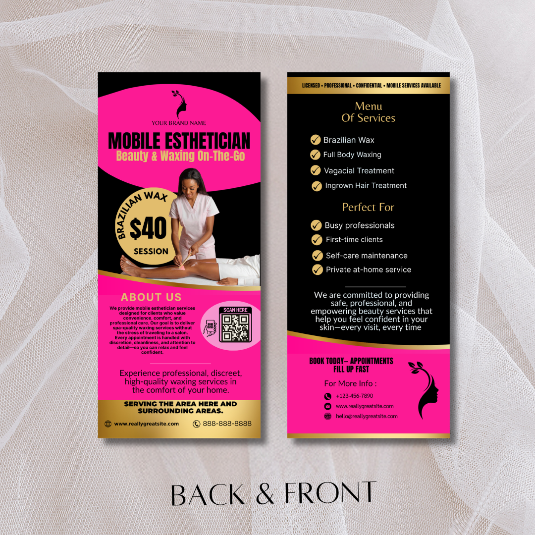 Mobile Esthetician Rack Card Printable | Waxing On-The-Go Marketing | Beauty Business Rack Card | Brazilian Wax Promo | Canva Template