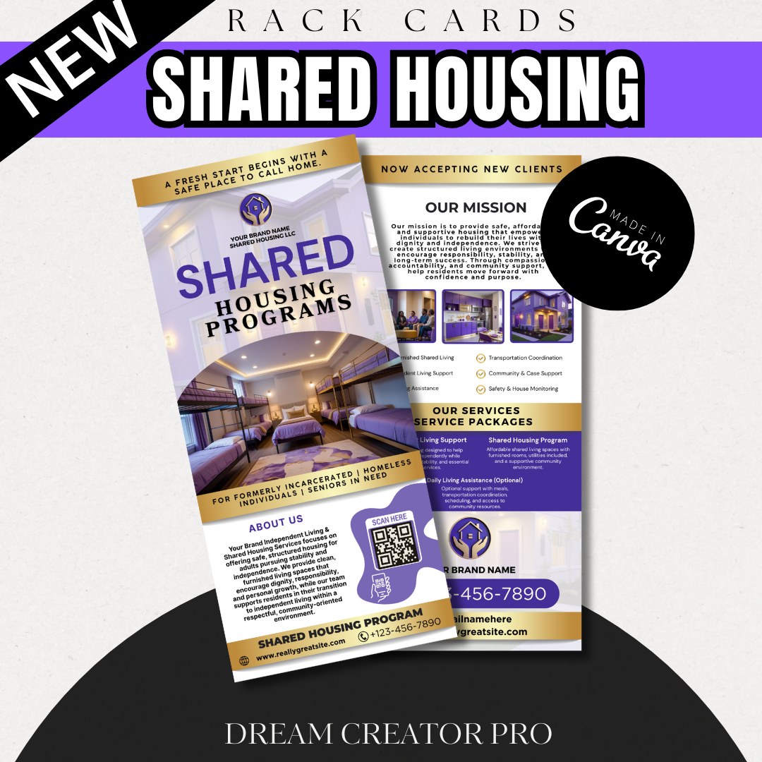 Shared Housing Rack Card Template | Independent Living & Reentry Housing Canva Marketing Card Design (Copy)