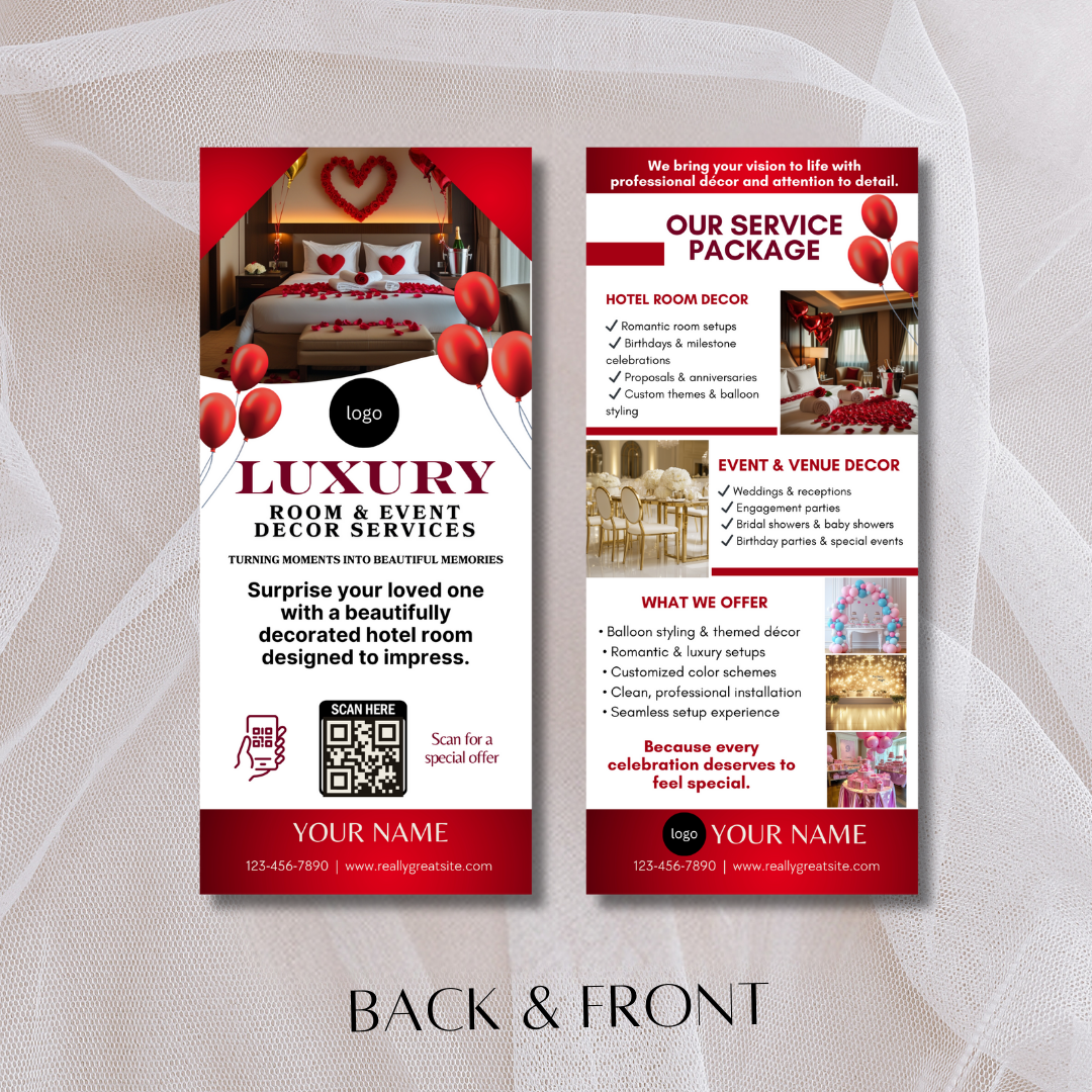 Hotel Room Event Decor Rack Card Template | Wedding, Proposal Party Decor Canva Design | Luxury Room Setup Marketing