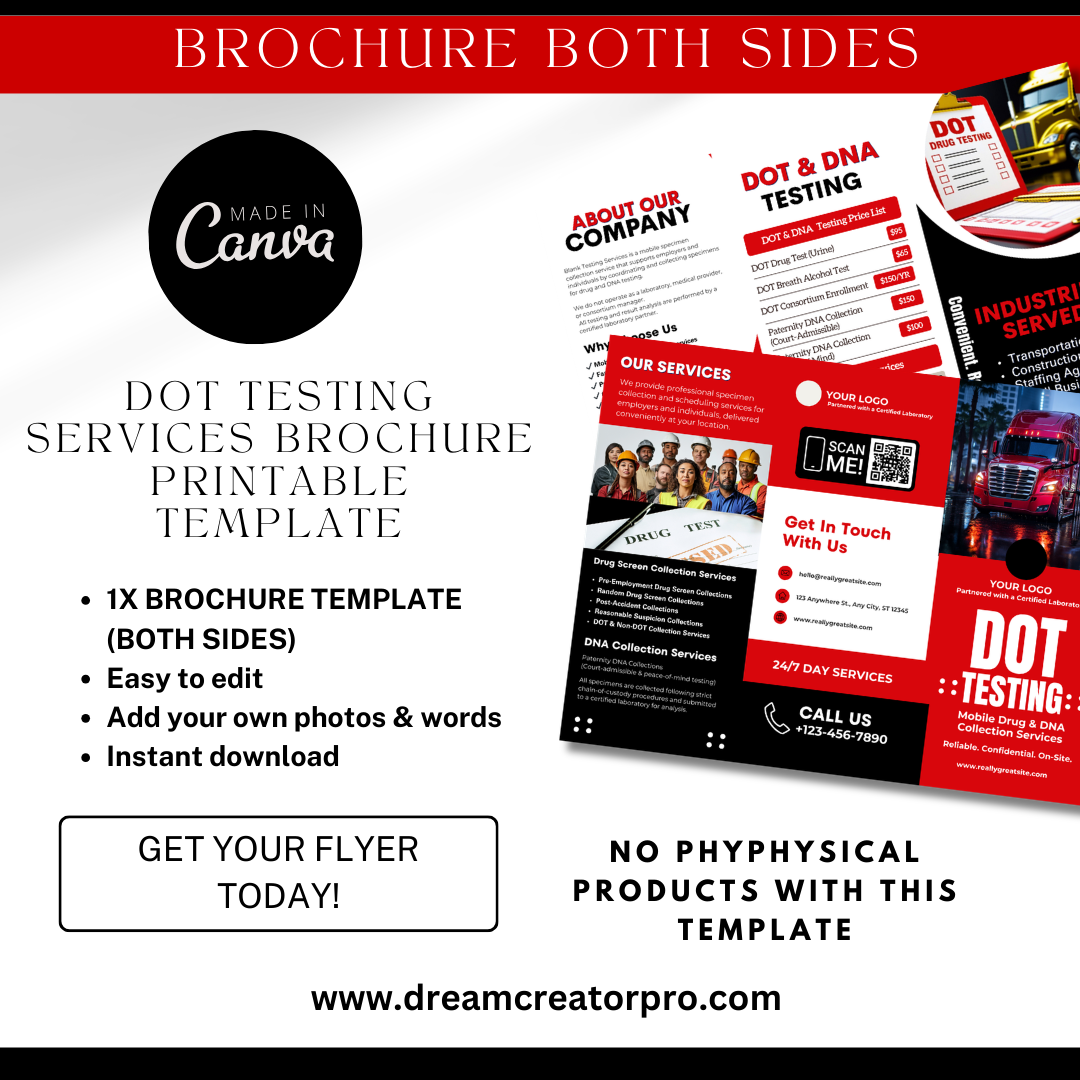 DOT Drug Testing Brochure Template | Mobile Drug & Alcohol Collection Services | Non-DOT Testing Flyer | Canva Editable Business Brochure