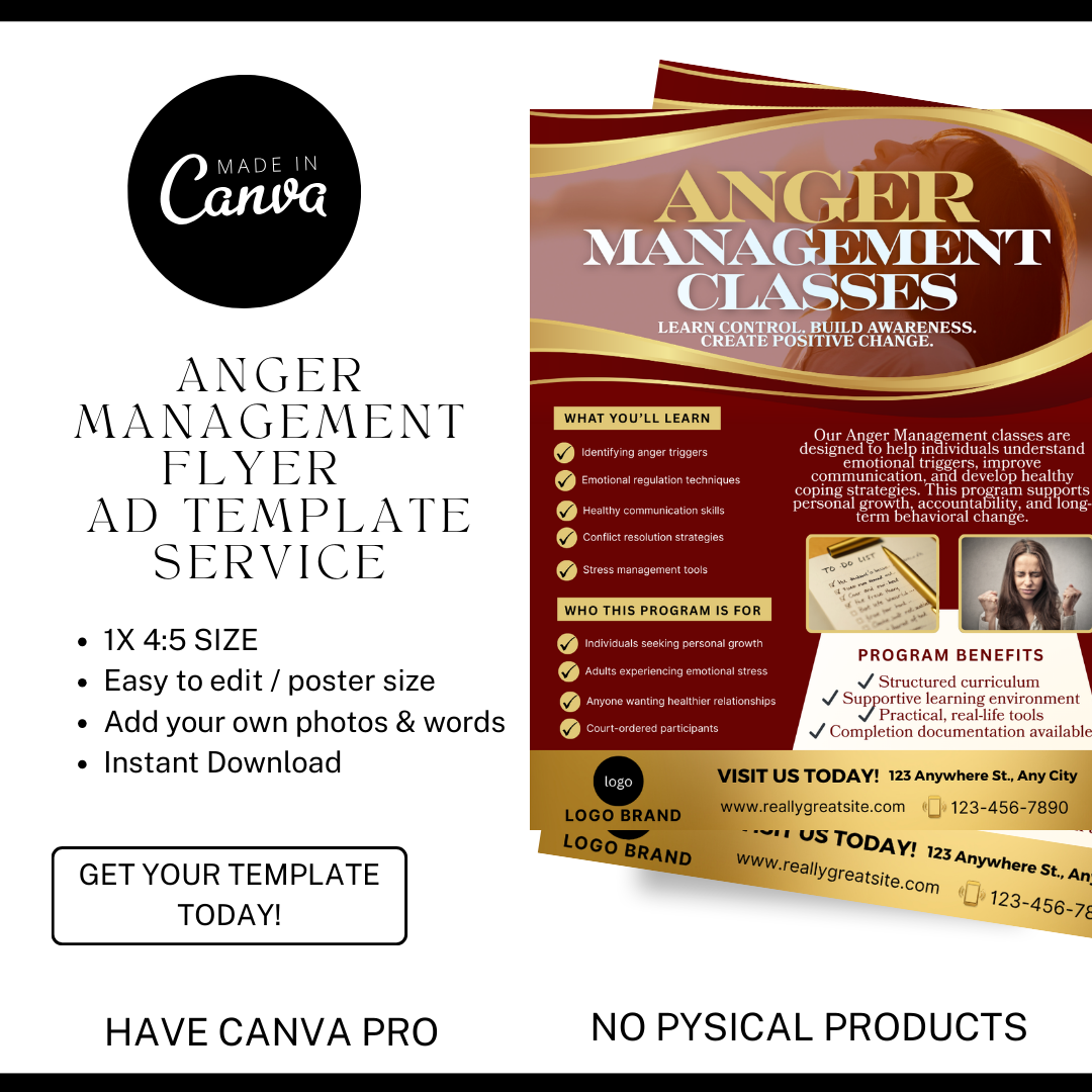 Anger Management Class Flyer | Court Approved Anger Management Program | Editable Canva Template | Counseling & Life Skills Flyer