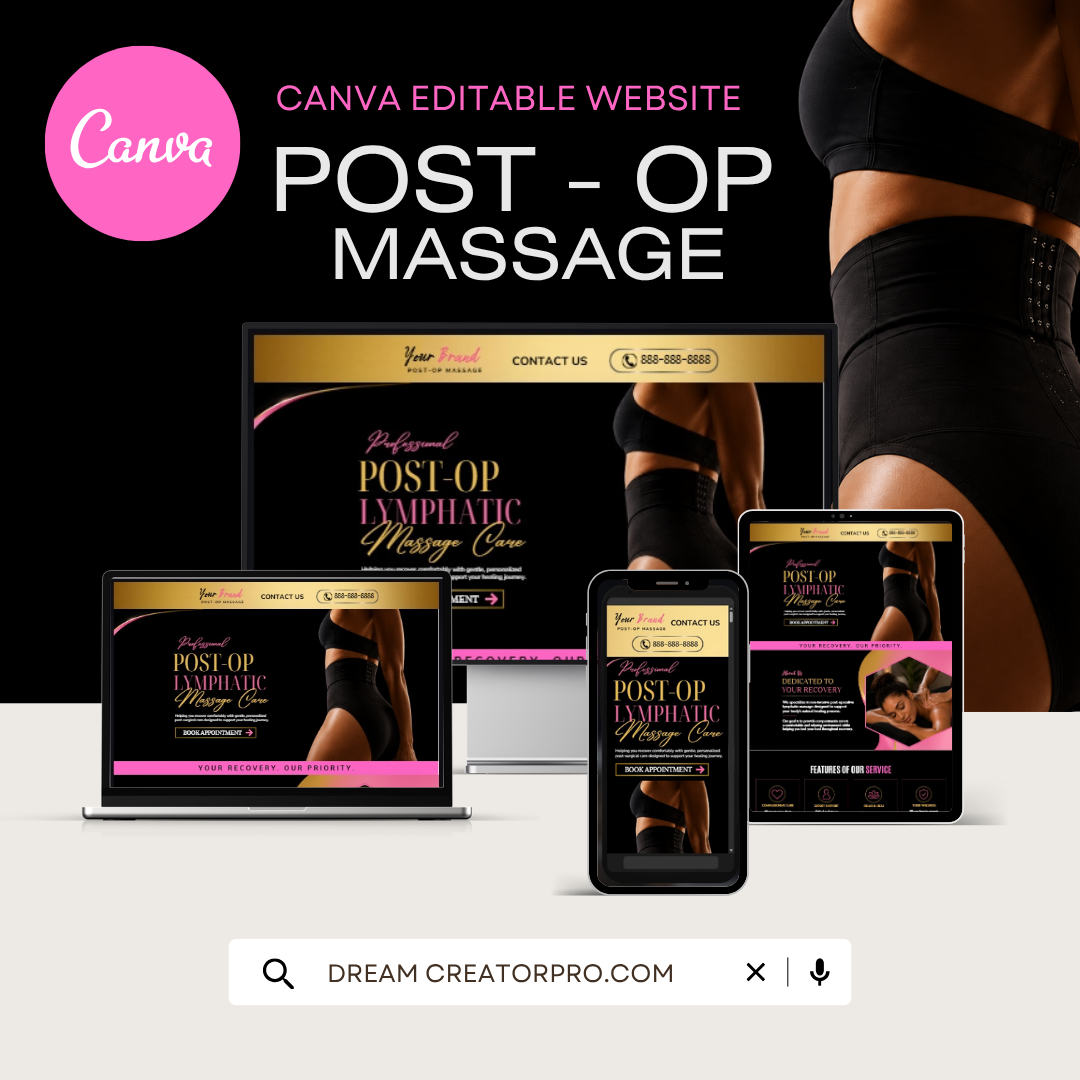 Post Op Massage Website Template Canva | Lymphatic Drainage Website | Recovery Massage Landing Page | Beauty Spa Website | Editable Canva Website