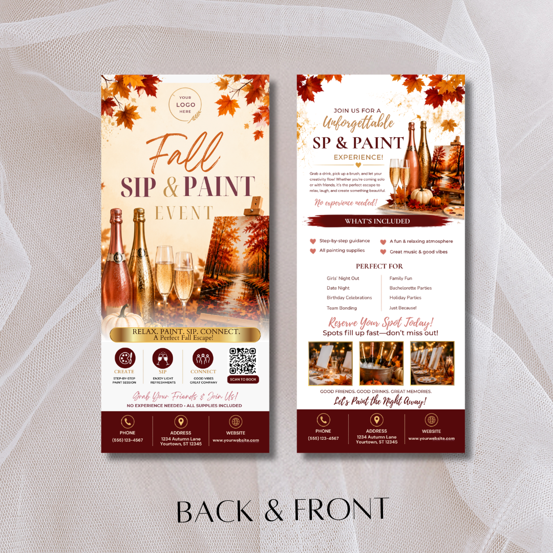 Fall Paint & Sip Rack Card Template | Autumn Paint Party Flyer | Canva Editable Paint Night Marketing | Wine Event Rack Card