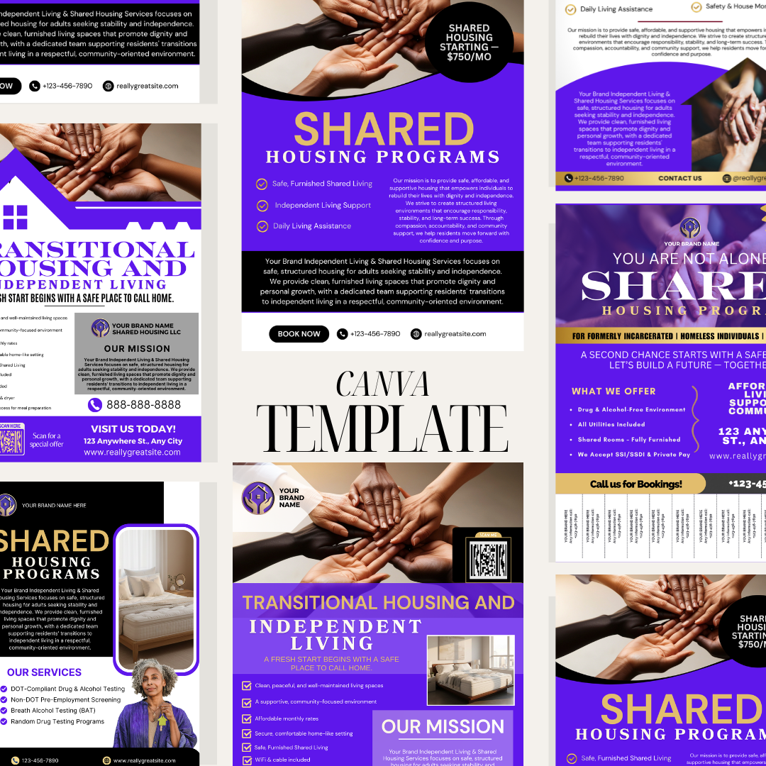 Shared Housing & Independent Living Printable Flyer Bundle | Transitional Housing Canva Templates | Reentry, Seniors & Supportive Living