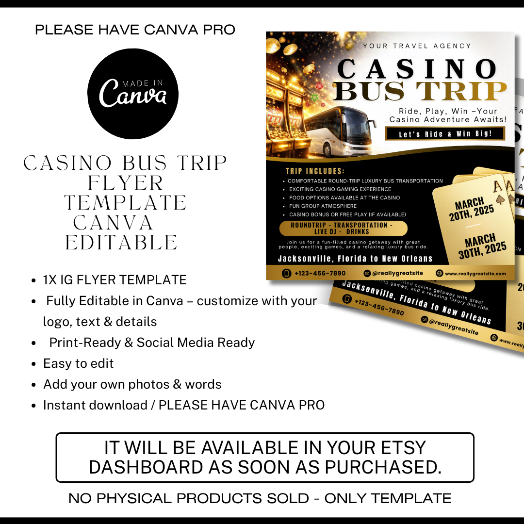 Casino Bus Trip Flyer Template / Travel Agent Canva / Travel Agency / Bus Service / Booking Template / DIY Travel Flyer / Gamble Getaway ig