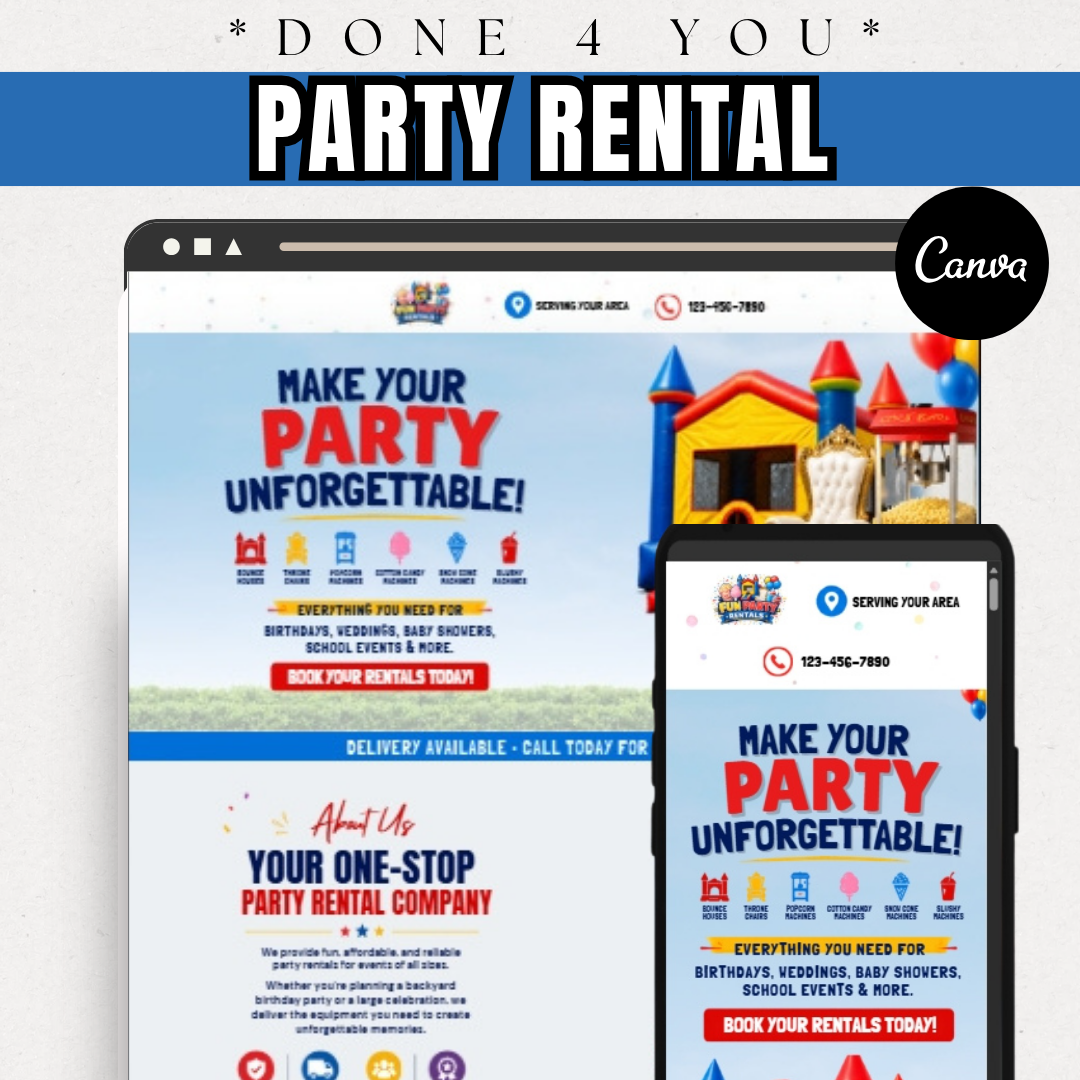 Party Rental Website Template | Bounce House Rental Canva Website | Event Equipment Rental Business Website | Editable Canva Design