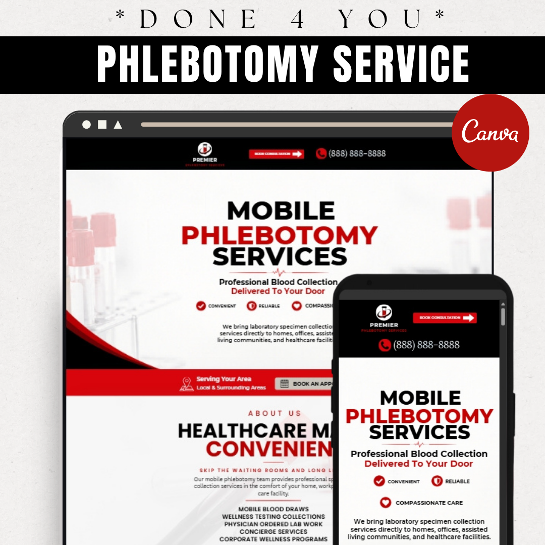 Phlebotomy Website Canva Template | Mobile Blood Collection Business Website | Healthcare Service Website Design | Editable Landing Page