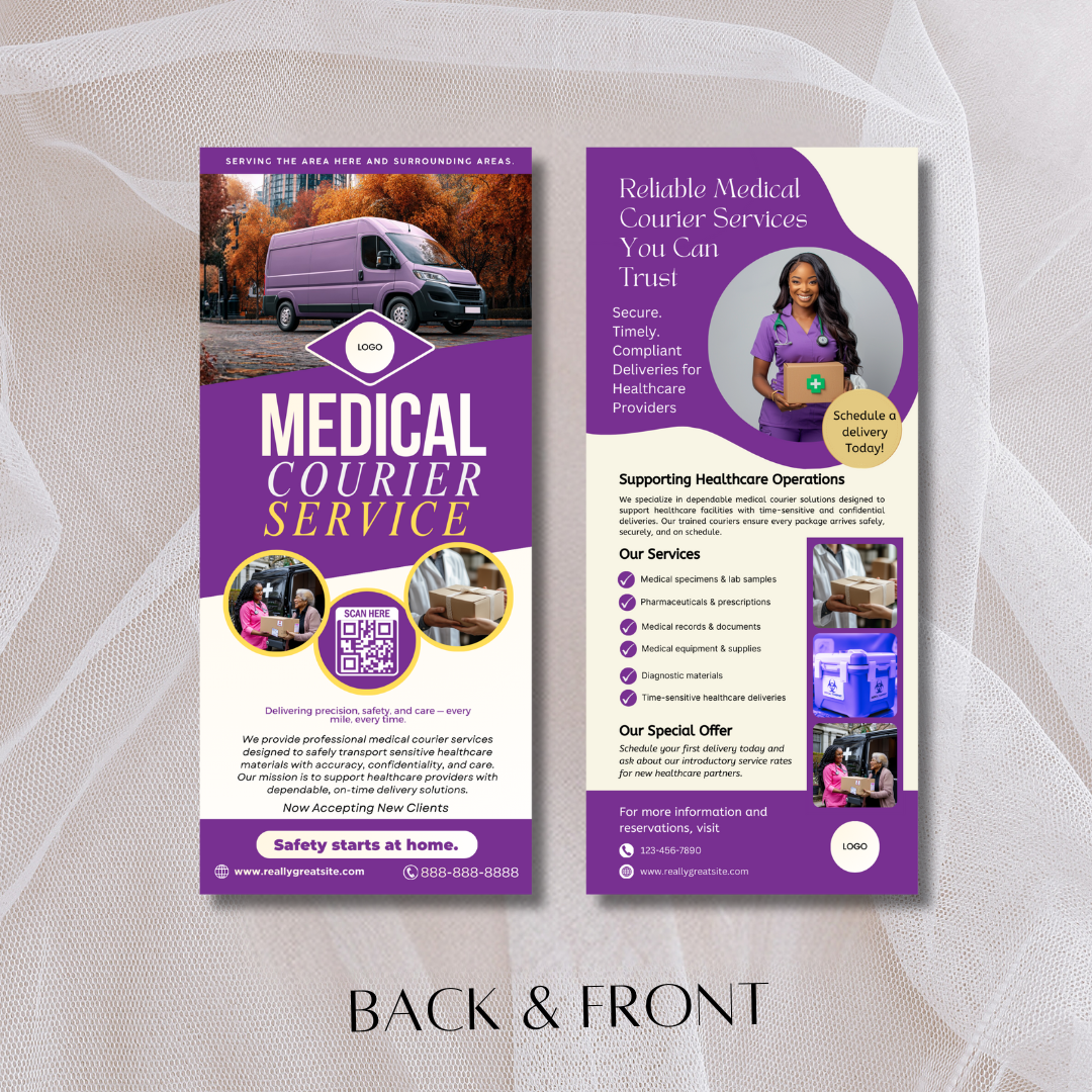 Medical Courier Services Rack Card Template | Healthcare Delivery Flyer | HIPAA Courier Marketing | Medical Transport Advertising | Canva Editable