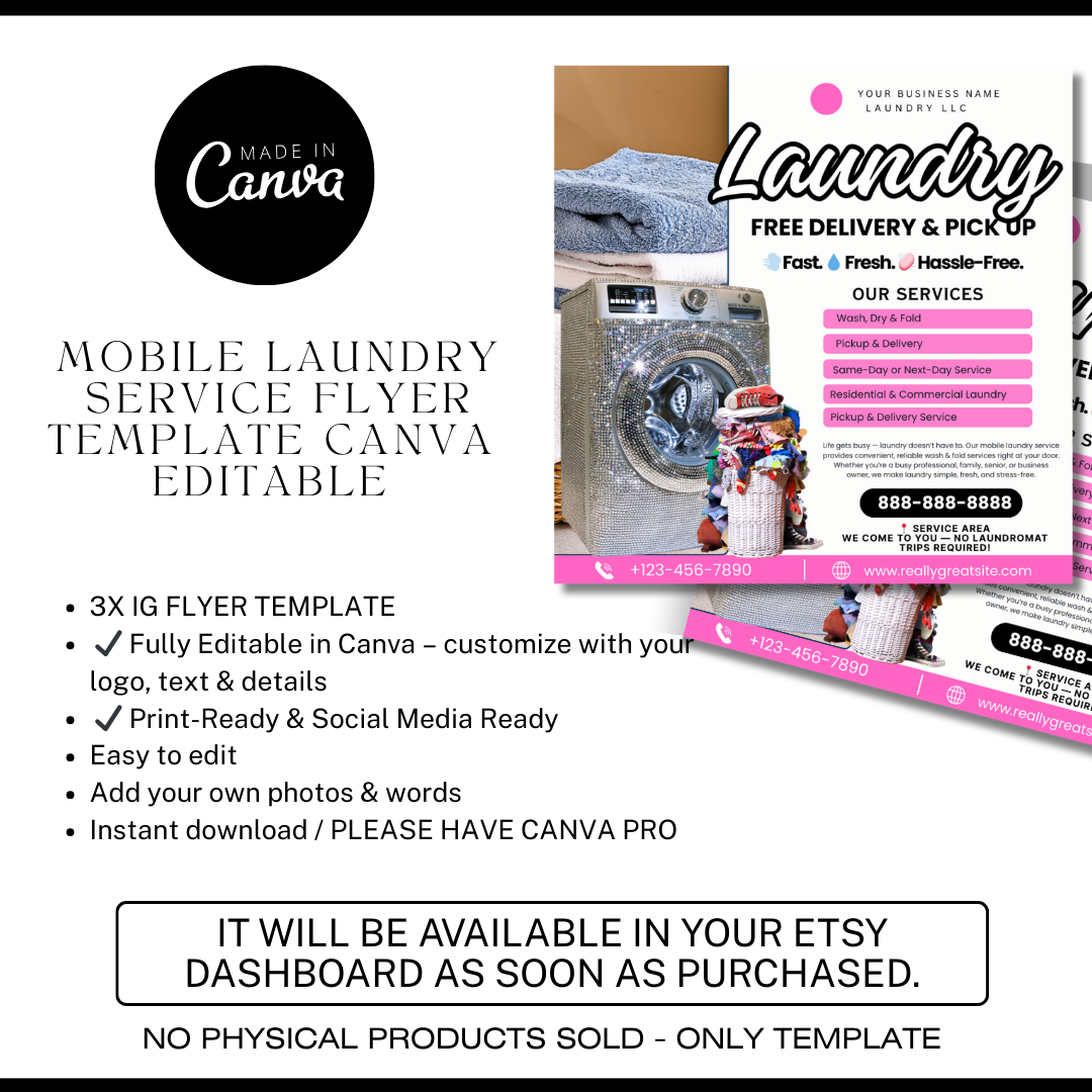 Mobile Laundry Flyer Template | Instagram Canva Flyer | Laundry Service Ad | Editable Small Business Marketing | IG Post Template