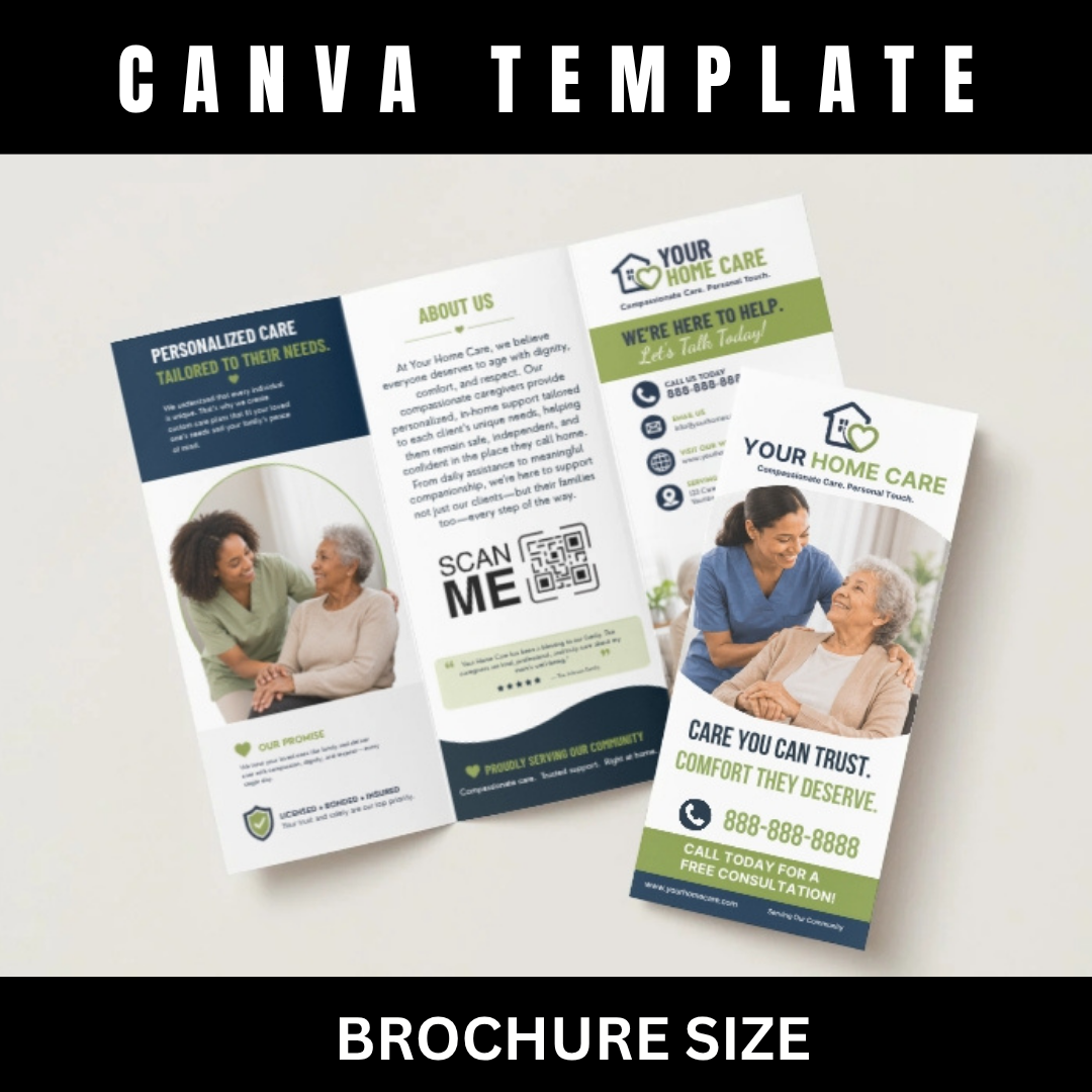 Home Care Marketing Bundle Canva Templates | Caregiver Flyer, Brochure, Yard Sign, Postcard, Business Card, Social Media Kit for Home Care Business