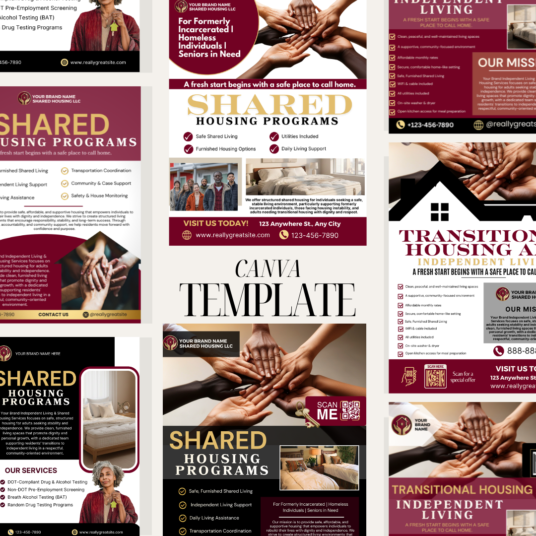 Shared Housing & Independent Living Printable Flyer Bundle | Transitional Housing Canva Templates | Reentry, Seniors & Supportive Living