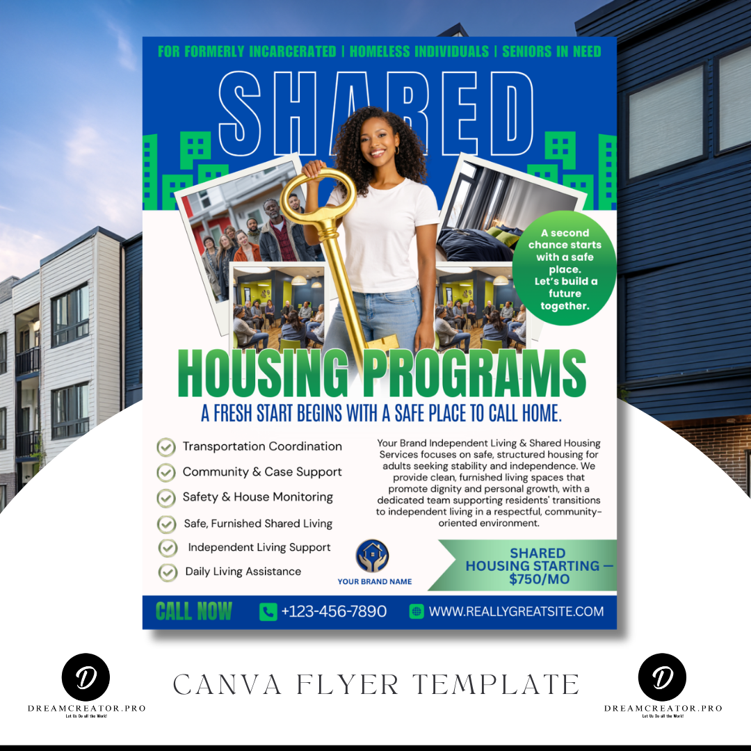 Shared Housing Flyer Template | Affordable Living Canva Flyer | Transitional Housing Room Rental Ad | Editable Design (Copy)