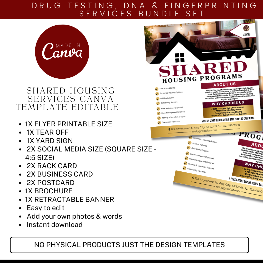Shared Housing Canva Template Bundle | Reentry & Transitional Housing Marketing Kit | Flyers, Yard Sign, Rack Card, Brochure Banner Set
