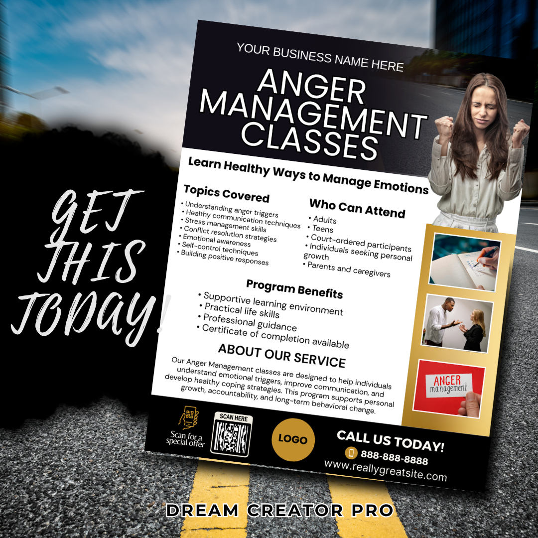 Anger Management Class Flyer | Court Approved Anger Management Program | Editable Canva Template | Counseling & Life Skills Flyer
