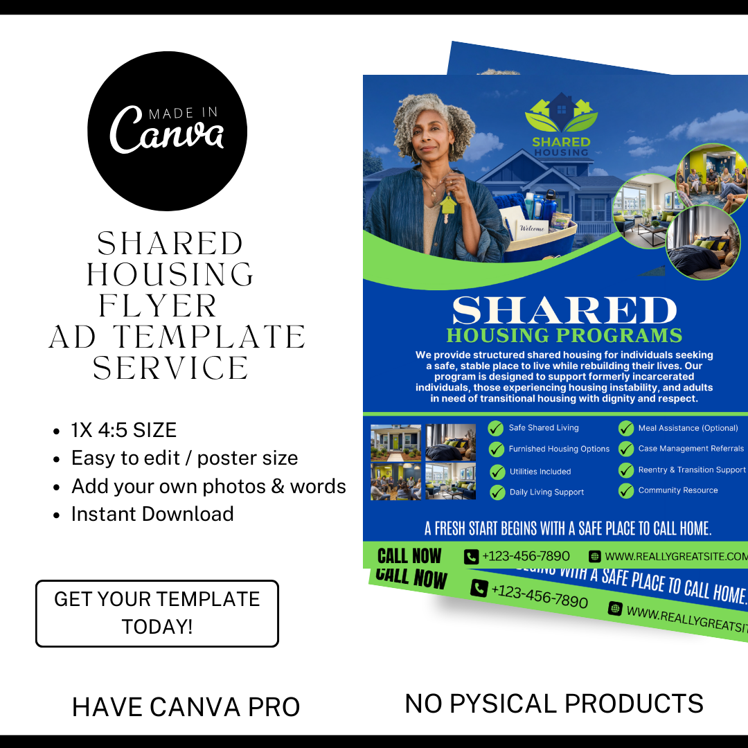 Shared Housing Flyer Template | Affordable Living Canva Flyer | Transitional Housing Room Rental Ad | Editable Design