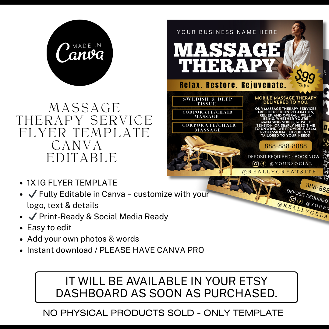 Mobile Massage Flyer Canva Template | Editable Massage Therapy Service Flyer | At-Home Spa & Wellness Printable Business Marketing (Copy)