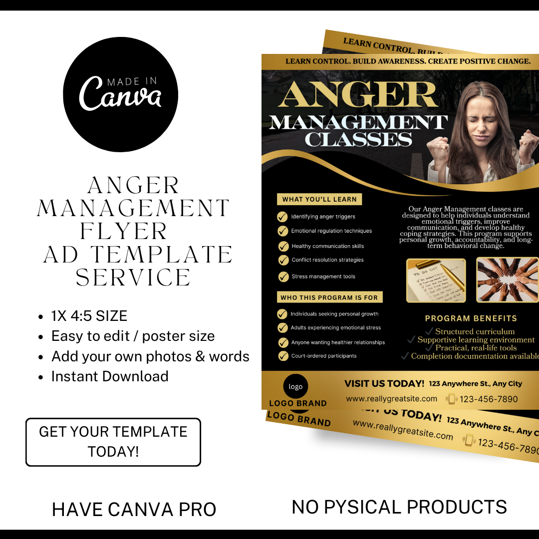 Anger Management Class Flyer | Court Approved Anger Management Program | Editable Canva Template | Counseling & Life Skills Flyer (Copy)