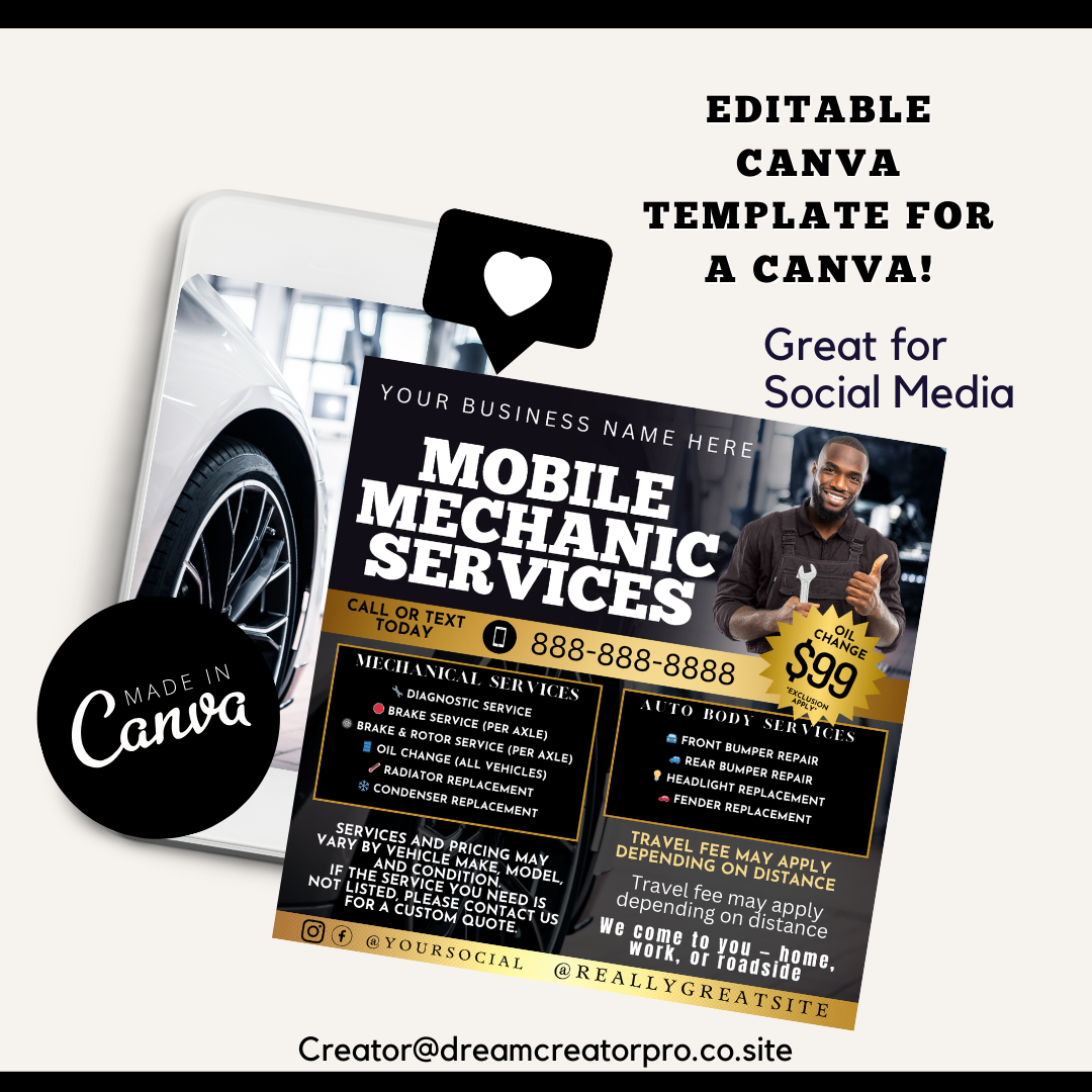 Mobile Mechanic Flyer Template | Auto Repair Services Price List | Canva Editable Mechanic Flyer | Mobile Auto Repair Marketing