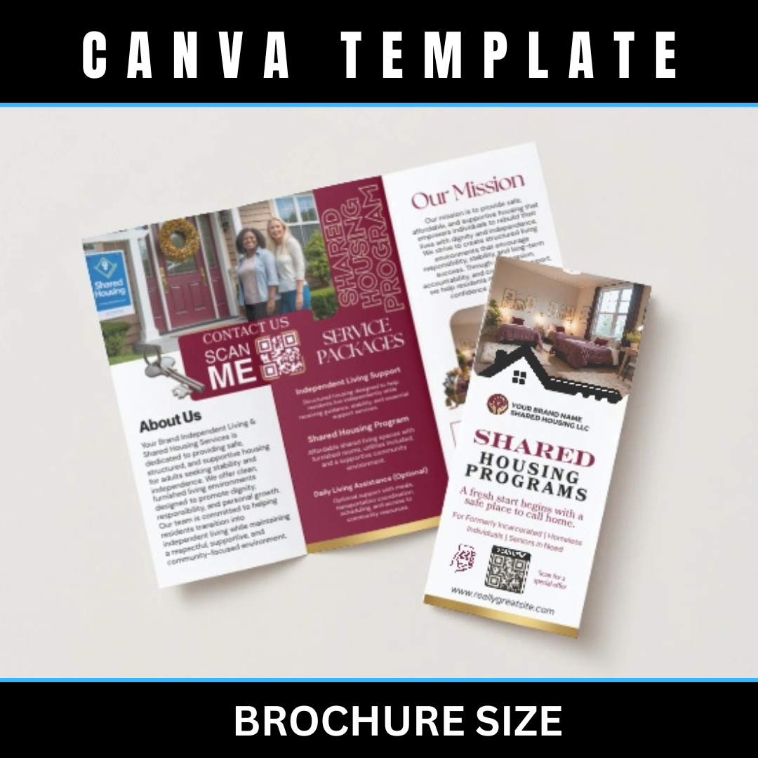 Shared Housing Canva Template Bundle | Reentry & Transitional Housing Marketing Kit | Flyers, Yard Sign, Rack Card, Brochure Banner Set