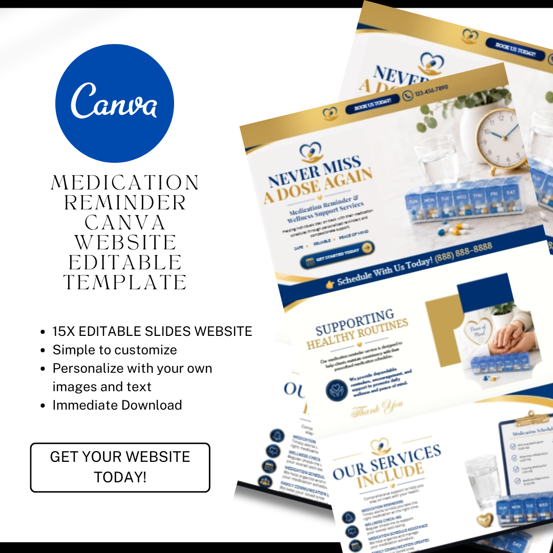 Medication Reminder Website Template | Healthcare Canva Website | Senior Wellness Website Design | Medication Management Landing Page
