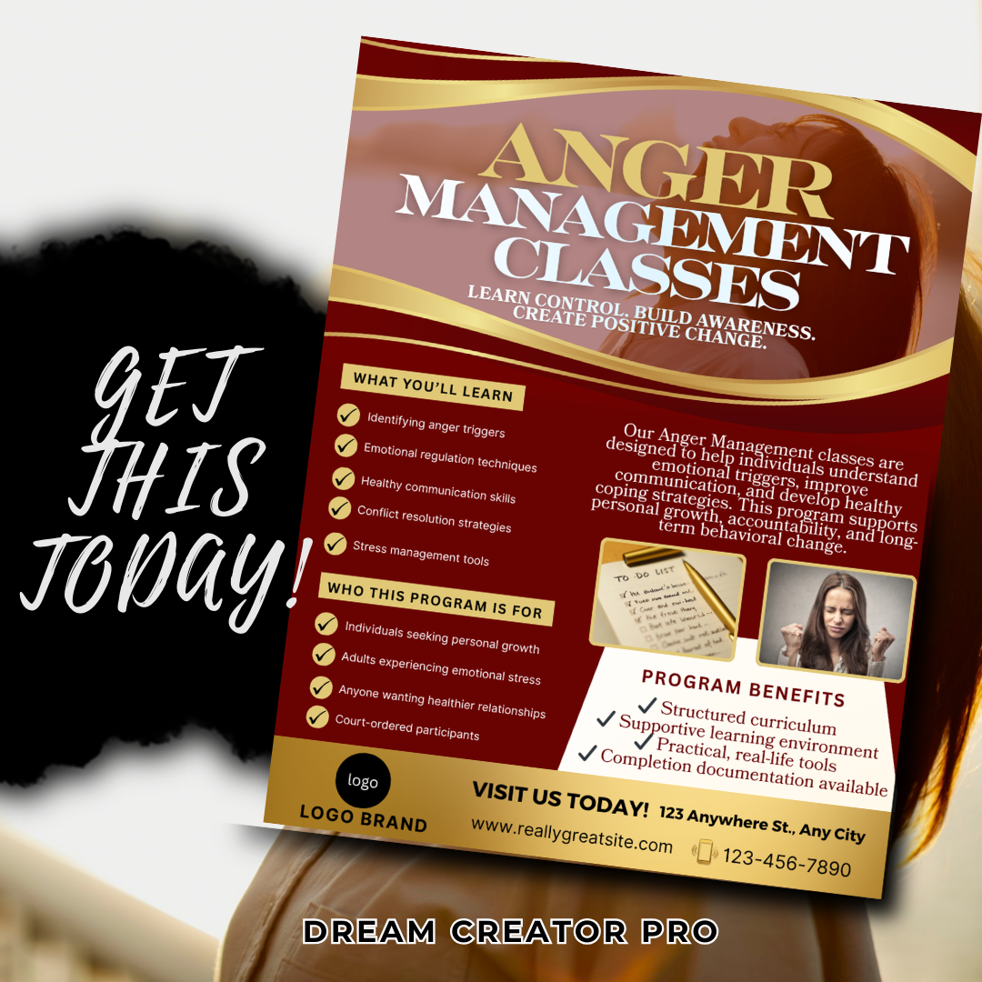 Anger Management Class Flyer | Court Approved Anger Management Program | Editable Canva Template | Counseling & Life Skills Flyer
