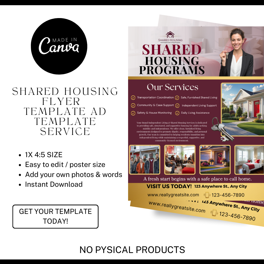 Shared Housing Flyer Template | Affordable Living Canva Flyer | Transitional Housing Room Rental Ad | Editable Design