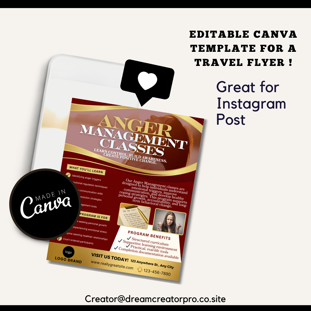 Anger Management Class Flyer | Court Approved Anger Management Program | Editable Canva Template | Counseling & Life Skills Flyer