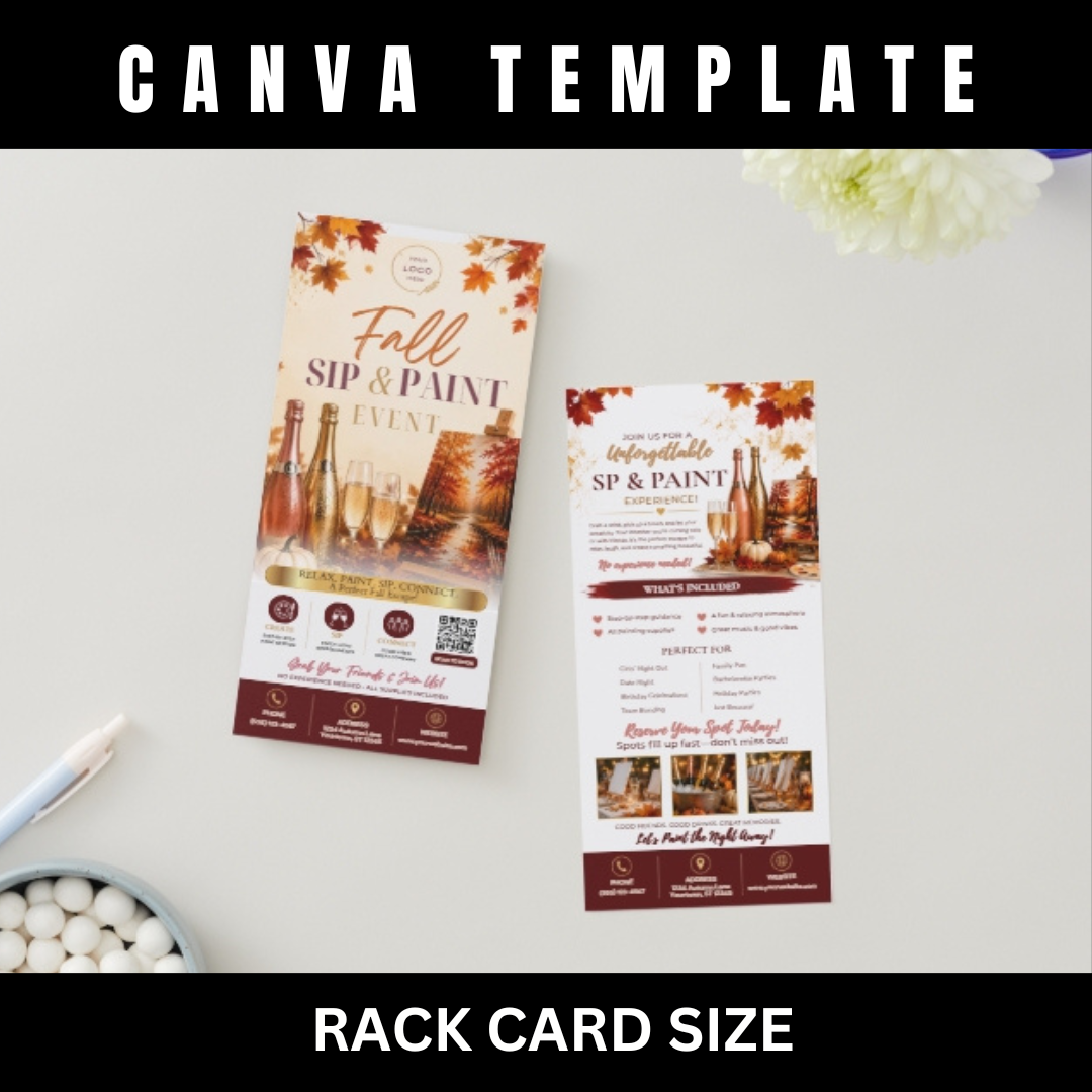 Fall Paint & Sip Rack Card Template | Autumn Paint Party Flyer | Canva Editable Paint Night Marketing | Wine Event Rack Card