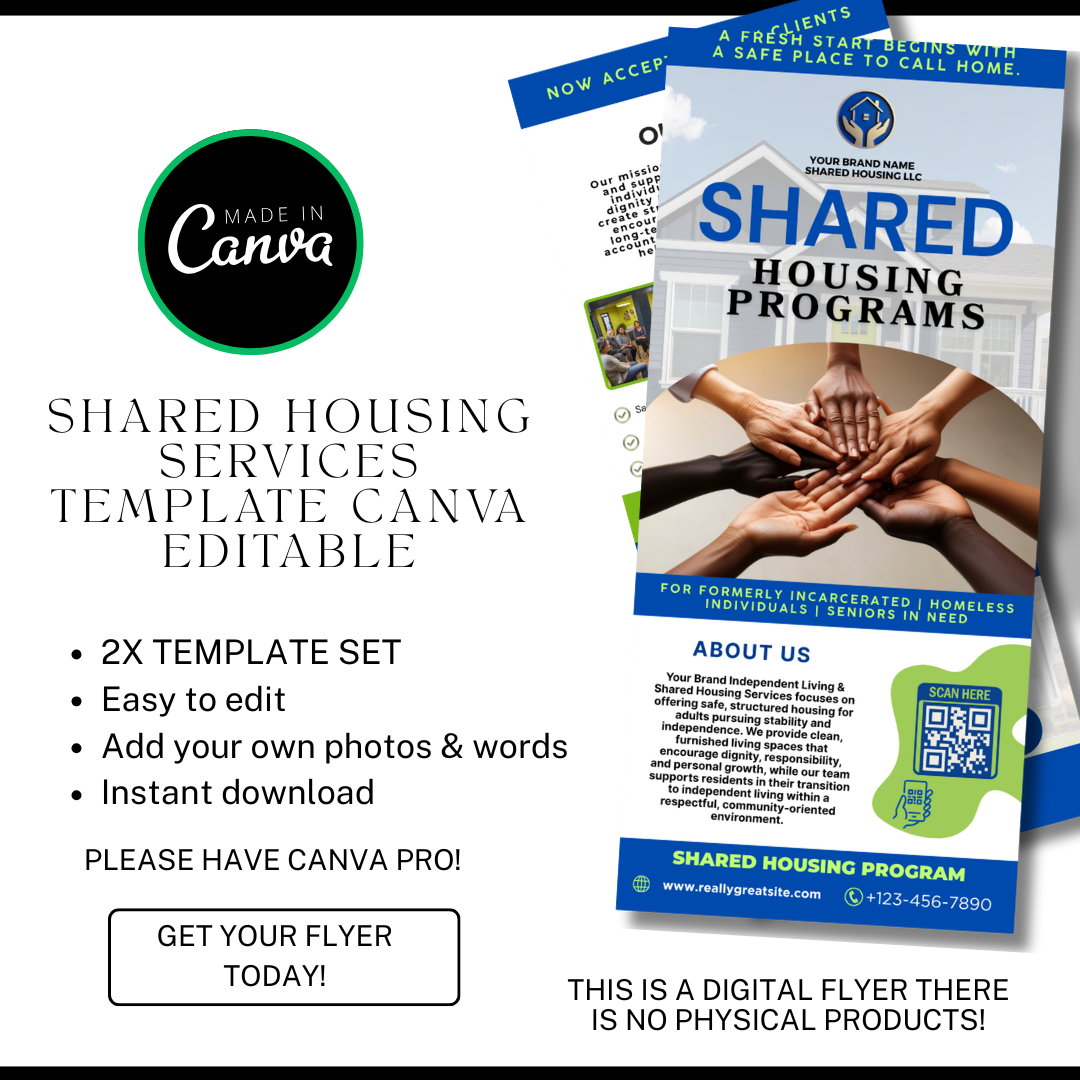 Shared Housing Rack Card Template | Independent Living & Reentry Housing Canva Marketing Card Design (Copy) (Copy)