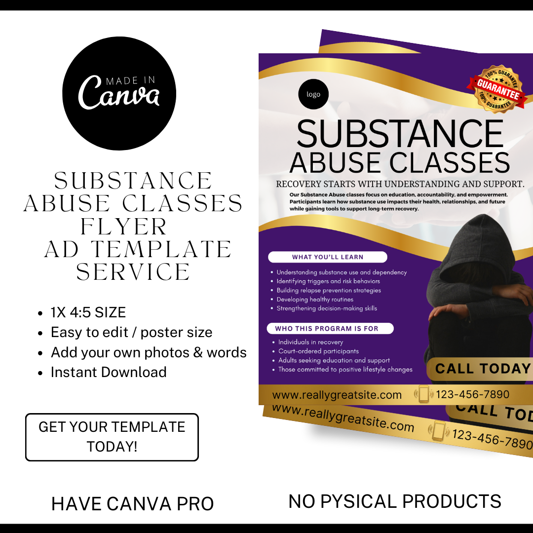Substance Abuse Class Flyer Template | Recovery Education Program | Court Approved Style | Editable Canva Flyer | Substance Abuse Awareness Class