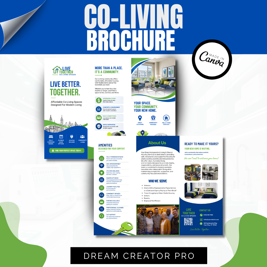 Co-Living Trifold Brochure Template | Canva Real Estate Marketing Design
