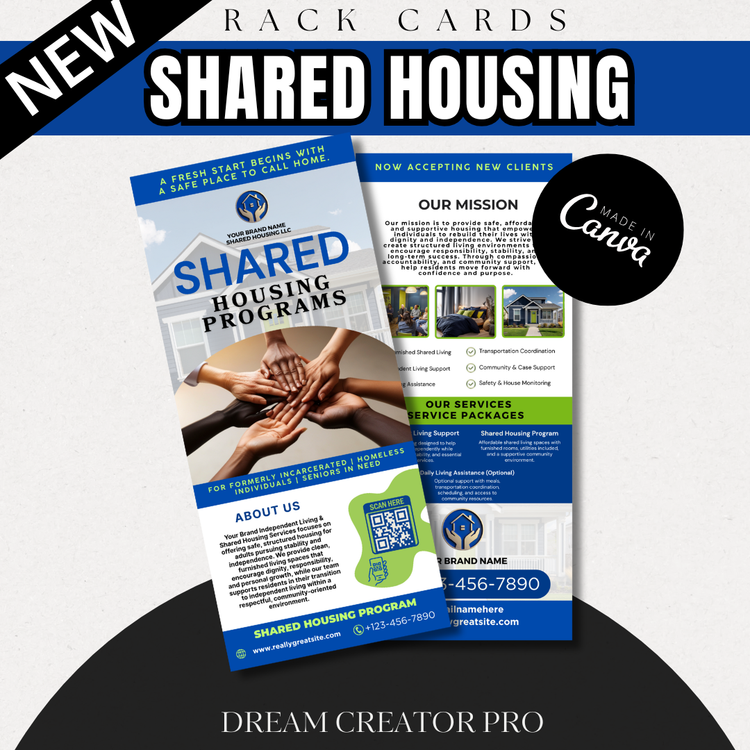 Shared Housing Rack Card Template | Independent Living & Reentry Housing Canva Marketing Card Design (Copy) (Copy)