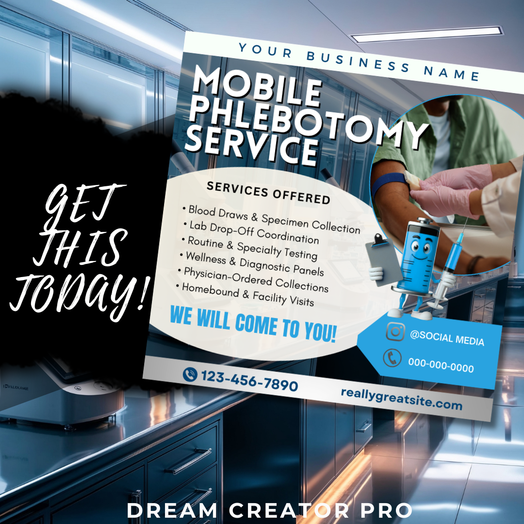Phlebotomy Canva Flyer Bundle | Gold & Black Editable Templates for Blood Draw Services, Mobile Lab, Specimen Collection, Healthcare