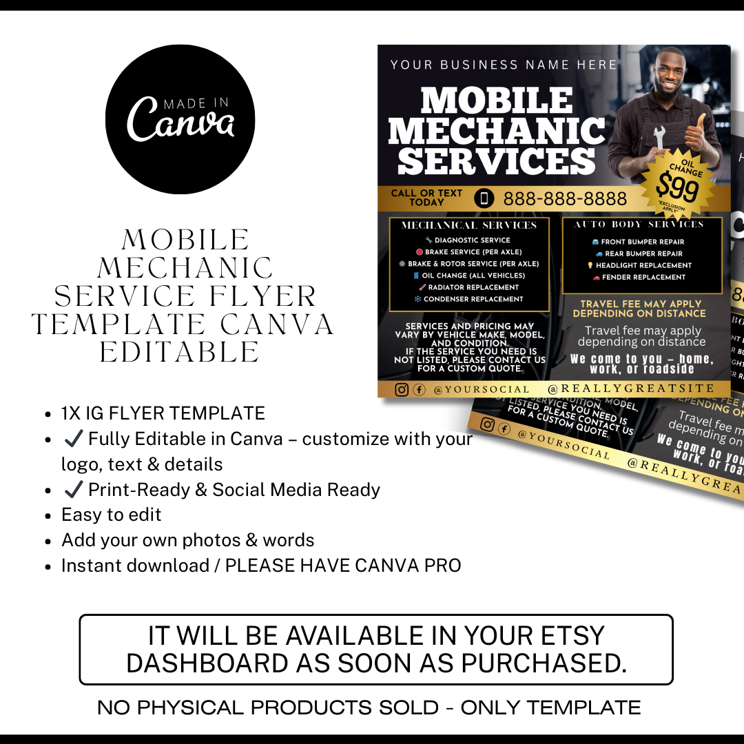 Mobile Mechanic Flyer Template | Auto Repair Services Price List | Canva Editable Mechanic Flyer | Mobile Auto Repair Marketing