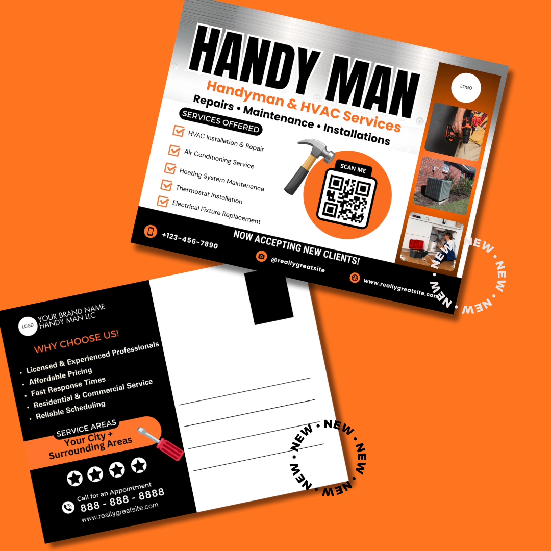 Handyman HVAC Marketing Bundle Canva Template | Flyer, Brochure, Tear Off Flyer, Business Card, Rack Card, Yard Sign, Instagram Post Editable Template