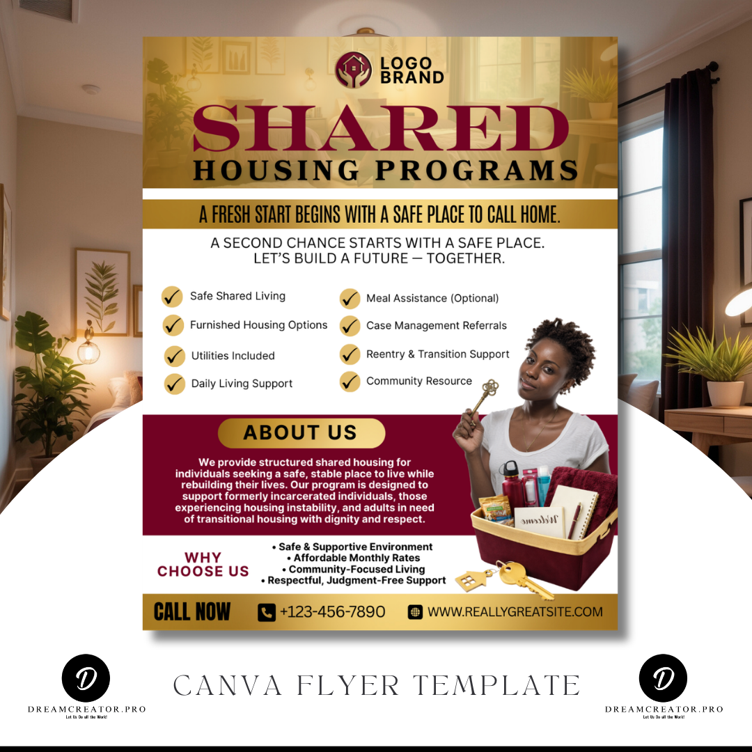 Shared Housing Flyer Template | Affordable Living Canva Flyer | Transitional Housing Room Rental Ad | Editable Design