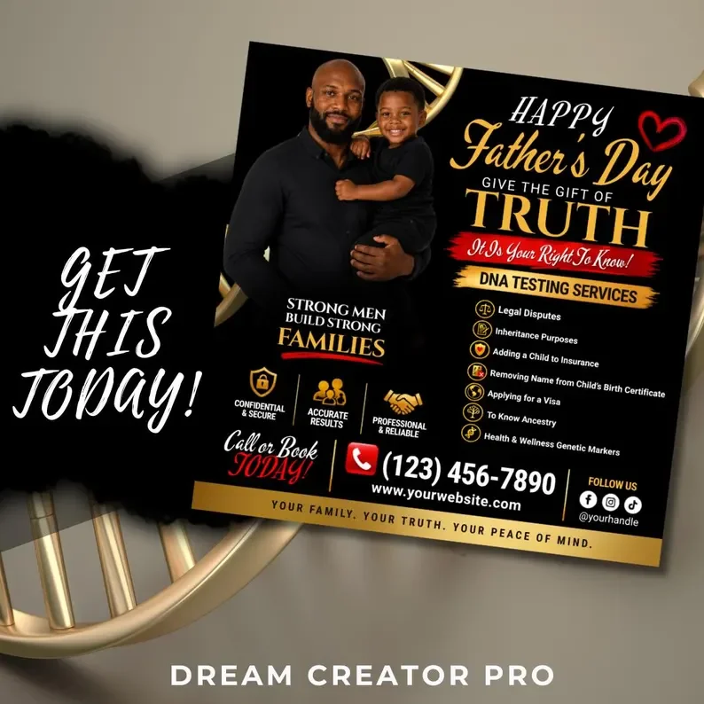 Father’s Day DNA Testing Flyer Template | Editable Canva DNA Services Flyer | Paternity Test Marketing Flyer | DNA Testing Social Media Post (Copy)