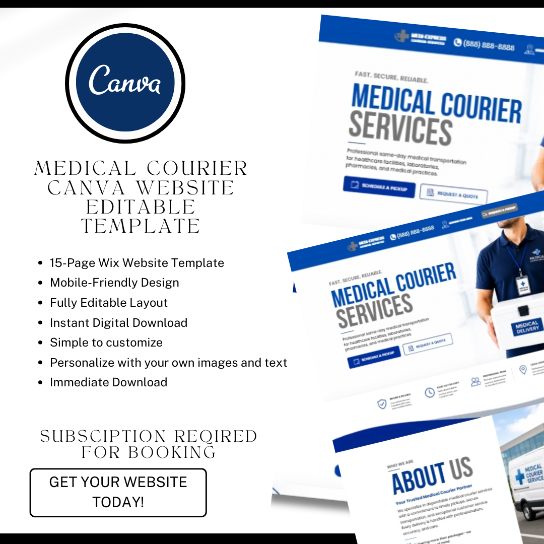 Medical Courier Website Template | Healthcare Logistics Canva Website | Specimen Transport Business Website | Editable Canva Design