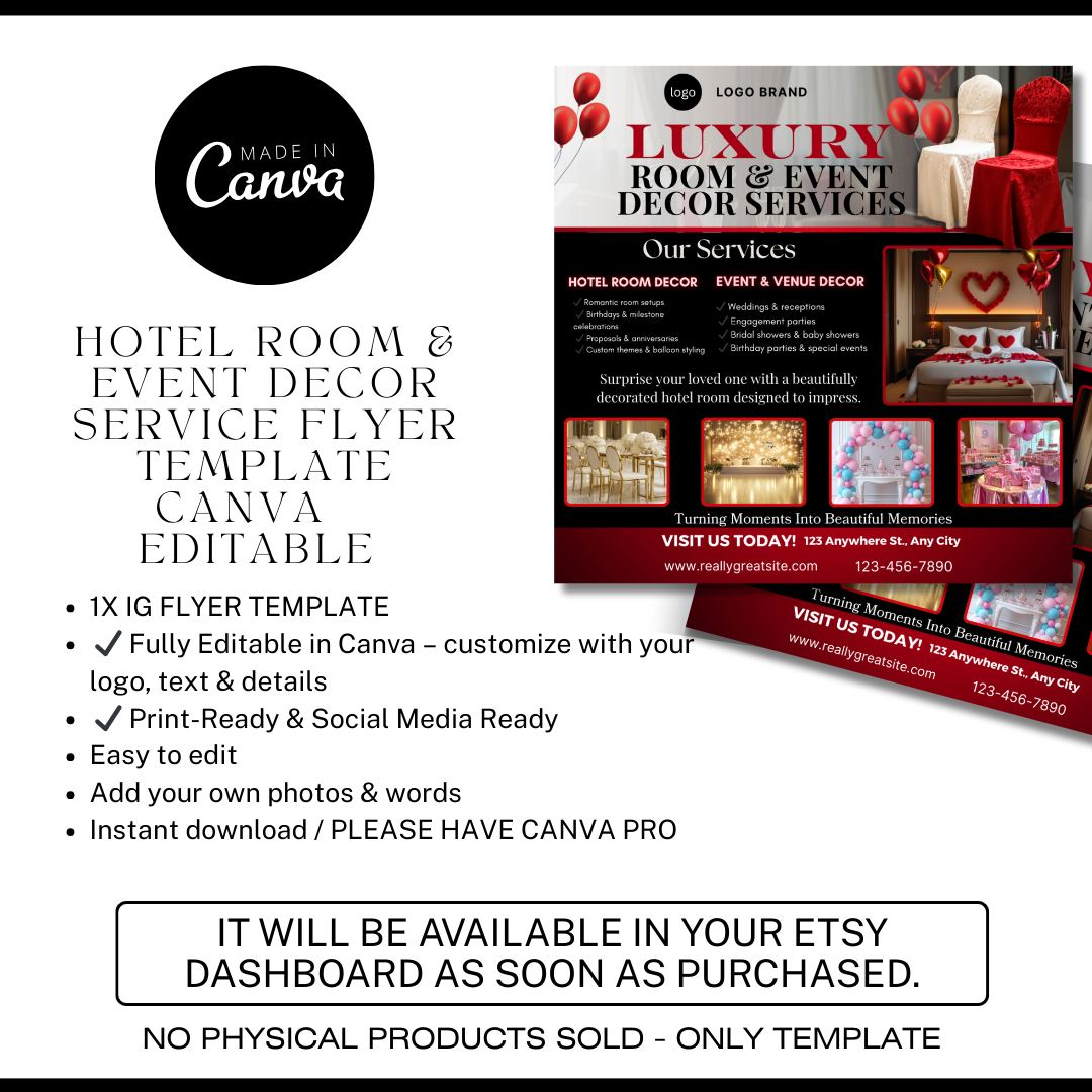 Hotel Room Event Decor flyer Template | Wedding, Proposal Party Decor Canva Design | Luxury Room Setup Marketing