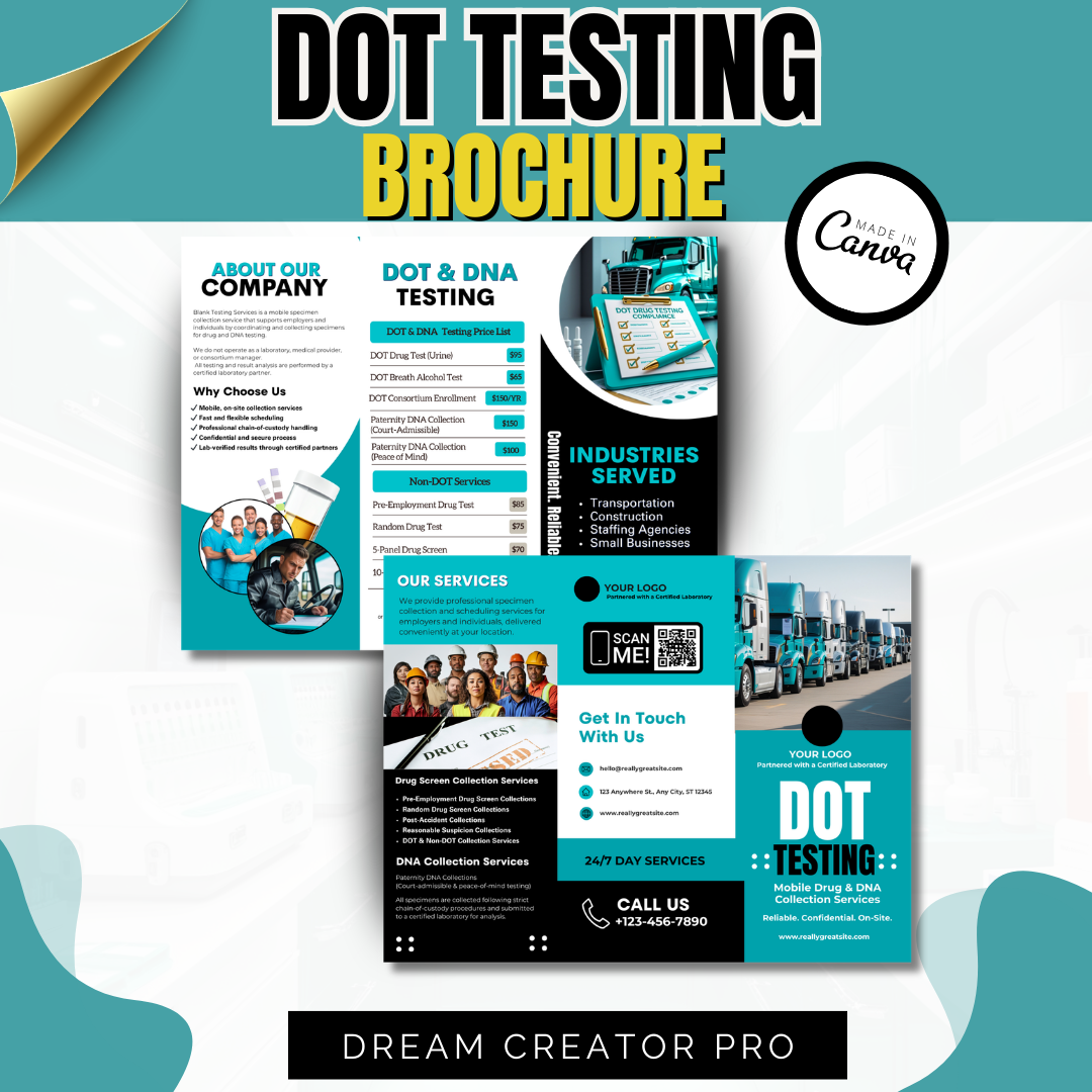 DOT Drug Testing Brochure Template | Mobile Drug & Alcohol Collection Services | Non-DOT Testing Flyer | Canva Editable Business Brochure