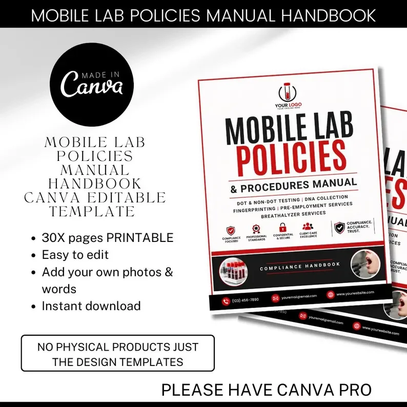 Mobile Lab Policies & Procedures Manual Canva Template | DOT Drug Testing SOP Handbook | DNA Fingerprinting Compliance Editable Forms