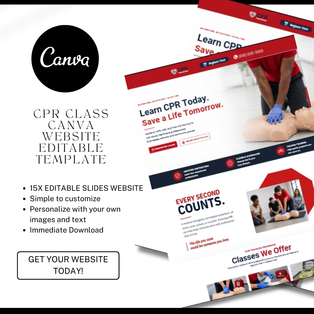 CPR Training Website Template Canva | CPR Class Landing Page | First Aid Website | AED Certification Business | Healthcare Instructor