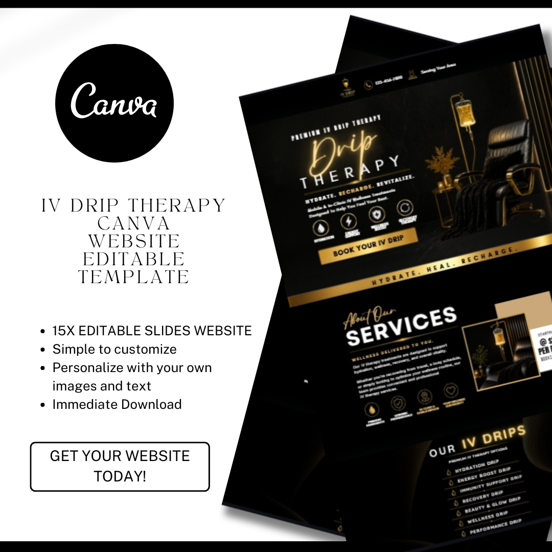 IV Drip Therapy Website Template | Editable Canva Wellness Website | Mobile Hydration Business Website | Luxury Medical Spa Design